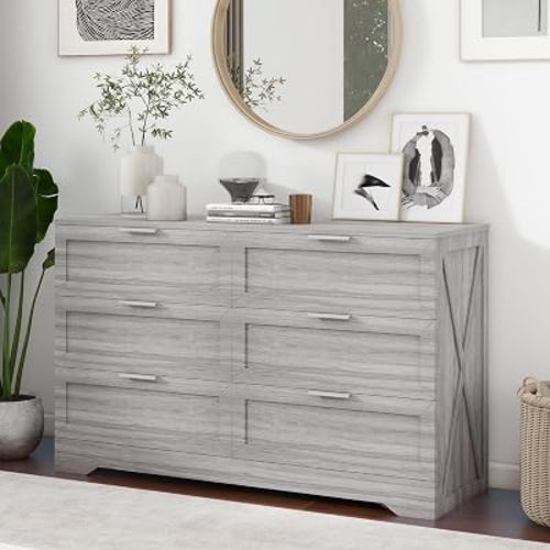 FTZxHKLX Modern 6-Drawer Dresser for Bedroom, Dresser Chest of Drawer with Large Drawers & Silver Handles, Wooden Dressers Drawers Storage Unit for Bedroom, Living Room, Closet (Wash Grey)