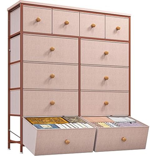 Romorgniz Dresser for Bedroom Tall Dresser with 12 Drawers Fabric Pink Dressers & Chests of Drawers, Bedroom Dresser with Metal Frame, Wood Top, Entryway Living Room Closet 11.81"D x 38.97"W x 40.15"H