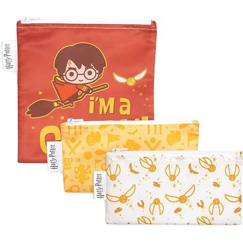 Bumkins Reusable Sandwich and Snack Bags, for Kids School Lunch and for Adults Portion, Washable Fabric, Waterproof Cloth Zip Bag, Travel Pouch, Food-Safe Storage, 3-pk Harry Potter Quidditch