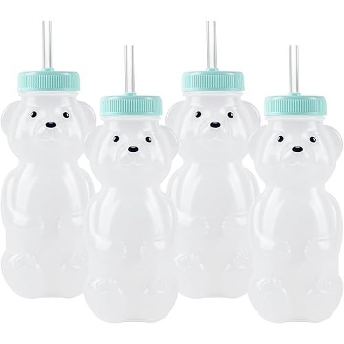 Honey Bear Straw Cups for Babies 4 pack, 8oz straw bear cup with improved safety lid design, honey bear cup and honey bear bottle. Straw learning therapy cup. Leak-Proof & Food-Grade & BPA Free