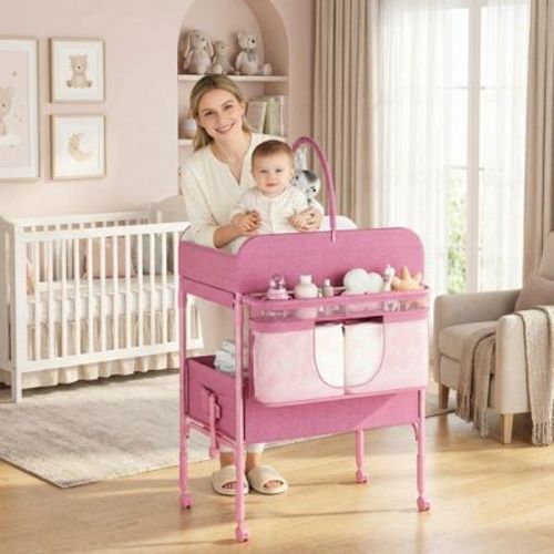 COZONY Adjustable Height Baby Changing Table with Wheels, Collapsible Diaper Station, 2 Drawers & Storage, Waterproof Top for Newborns, Pink