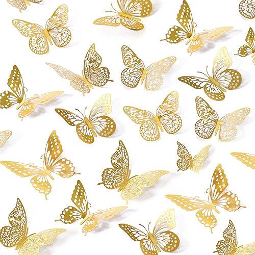 SAOROPEB 3D Butterfly Wall Decor - 48 Pcs, 4 Styles, 3 Sizes, Gold Butterfly Decorations for Birthday & Party Celebrations, Removable Stickers