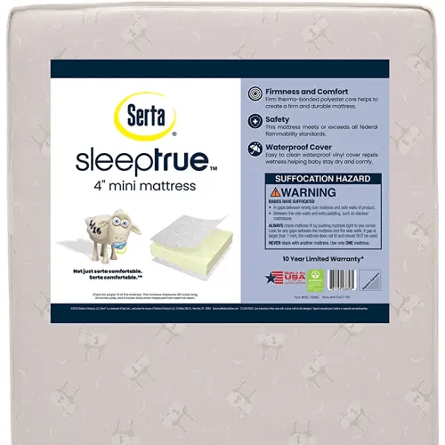 Delta Children Serta SleepTrue Mini Crib Mattress, Premium Sustainably Sourced Fiber Core, Hypoallergenic & Waterproof Cover, Greenguard Gold Certified - Made in USA, White