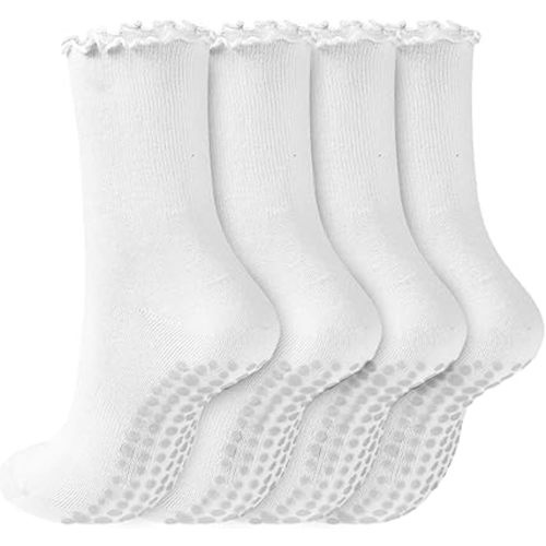 REACH STAR 4 Pairs Pilates Socks with Grips Non Slip Ruffle Yoga Grip Socks for Women