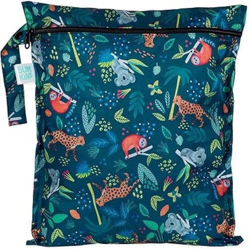 Bumkins Waterproof Wet Bag for Baby, Travel, Swim Suit, Cloth Diapers, Pump Parts, Pool, Beach, Gym Clothes, Toiletry, Hook to Stroller, Daycare, Zipper Reusable Wetdry Packing Pouch, Jungle