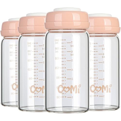 COMI Wide Neck Glass Breastmilk Collection n Storage Bottle, 8oz with Screw Ring Sealing Disk; Re-markable Sealing Disc. BPA Free, Fits Breast Pumps & Nipples (4 Pink Lids)