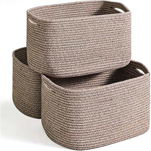 Storage Baskets for Organizing Shelves, Woven Cotton Rope Bins for Organization, Dog Toy Organizer for Shelf Living Room Bedroom, 14.8"×11"×9.5", Pack of 3, Dark Brown