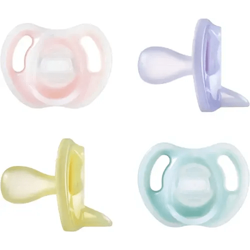 Tommee Tippee Ultra-Light Silicone Pacifier, 6-18 Months, Symmetrical One-Piece Design, BPA-Free Silicone Binkies, Pink/Violet/Yellow, Pack of 4
