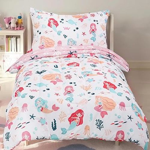 PHF 4 Piece Toddler Bedding Set, Ultra Soft Toddler Comforter Sets Include Comforter, Fitted Sheet, Flat Top Sheet and Pillowcase for Girls, Mermaid Bed in A Bag for Baby Bedroom, Mermaid
