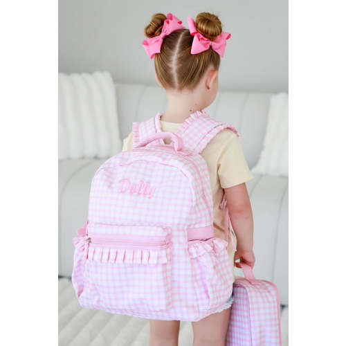 Kids Embroidered Ruffle Backpack | Pink Gingham