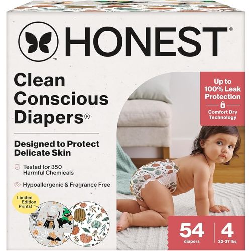 The Honest Company Clean Conscious Diapers for Delicate Skin | Up to 100% Leakproof | Hypoallergenic, Fragrance Free | Fall '25 Limited Edition Prints | Club Box, Size 4 (22-37 lbs), 54 Count