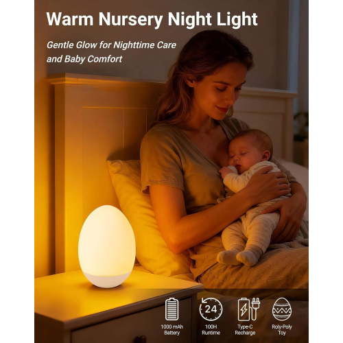 Egg Baby Night Light for Nursery & Breastfeeding – Portable Touch Light with 7 RGB Colors, Stepless Dimming, Rechargeable, BPA-Free Soft Silicone, Compact Lamp for Kids & Newborns