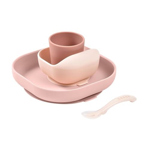 BEABA Silicone 4 Piece Baby Feeding Set, Suction Plates for Baby, High Grade Food Safe Silicone, Baby Must Haves, Eucalyptus