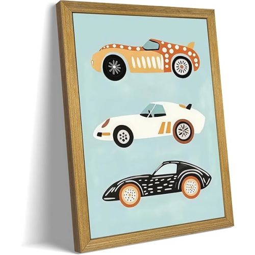 Wood Framed Car Wall Art, Vintage Race Car Canvas Print Poster, Baby Boy Nursery Wall Decor, Cute Car Themed Room Decoration, for Boys Kids Room Artwork 8x10 Inch