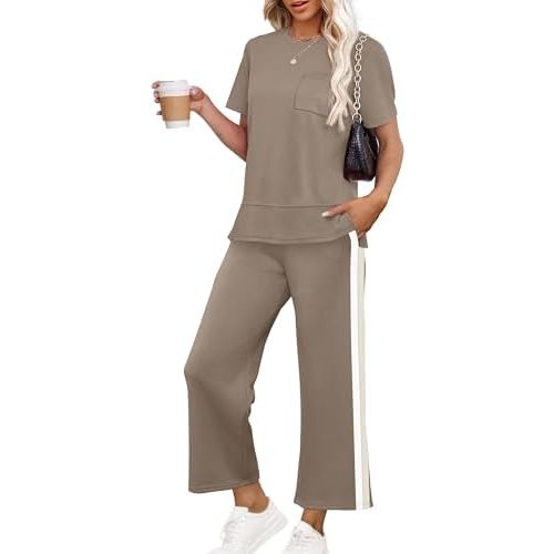 OFEEFAN Women's Lounge Sets Fashion Outfits Wide Leg Loungewear Side Slit Tracksuit for Vacation Travel Airport S-3XL