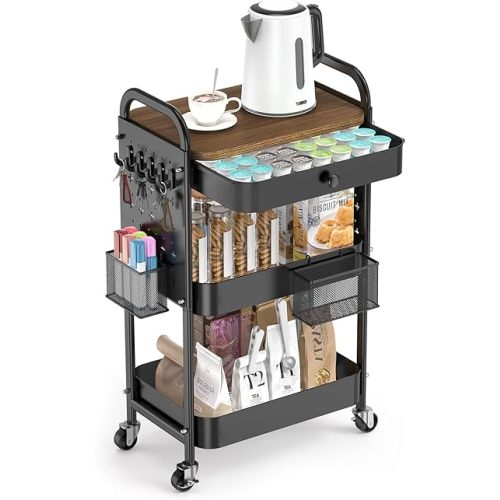 ALVOROG Rolling Cart with Drawer and Wood Table Top, 3 Tier Metal Rolling Utility Cart on Wheels with DIY Pegboards, Hanging Baskets, Hooks for Bedroom,Office,Craft Supplies (Black)
