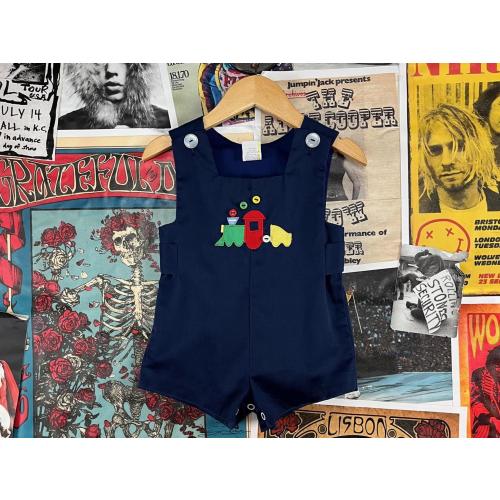 Vintage Baby Boy Kids 70s-80s Blue Primary Colors Train Locomotive Sleeveless Overall Romper Playsuit 9-12 Months Retro Summer Clothing