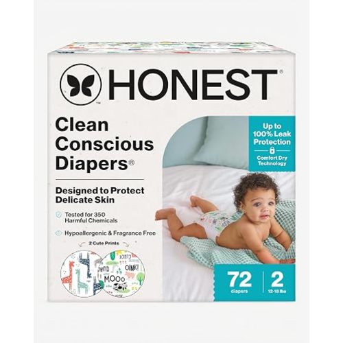 The Honest Company Daytime Diapers, Multi-Colored Giraffes, Size 2, 72 Ct