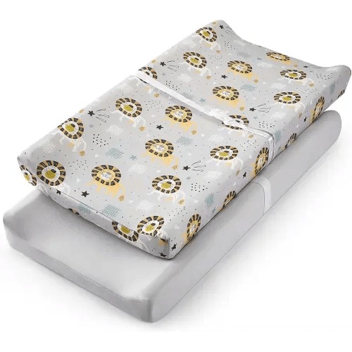 TILLYOU Changing Pad Cover Set in Soft Jersey Material - Fits 32"/34''x16 Contoured Pad for Babies, Lion's Paradise and Grey