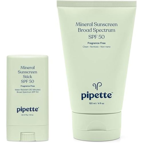 Pipette 100% Mineral Sunscreen Lotion + Stick Duo, Clean, Broad Spectrum with Non-Nano Zinc Oxide, UVB/UVA Sun Protection for Kids & Sensitive Skin, Hypoallergenic, Non-Toxic