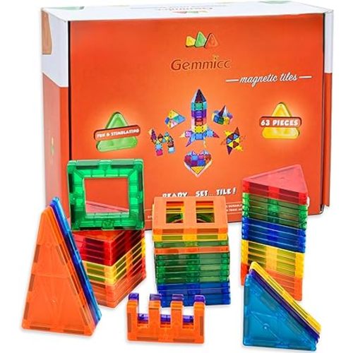 Gemmicc Magnetic Tiles Building Blocks, Magnet Toys for Kids, STEM Approved Educational Toys,3D Magnet Puzzles Stacking Blocks for Boys Girls,63 PCS Classic Set