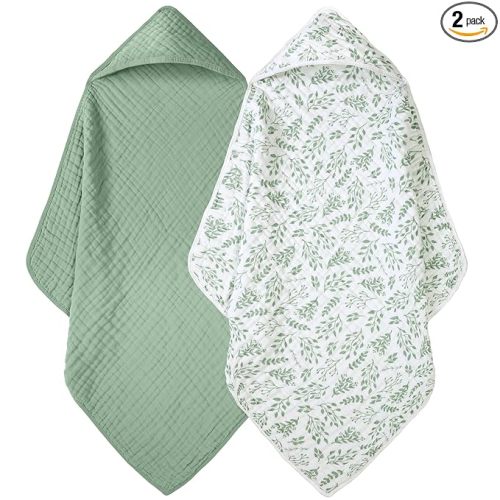 Baby Bath Towels, 100% Muslin Cotton Hooded Baby Towels for Newborn, Infant and Toddler, 2 Pack Soft and Absorbent Unisex Bath Essentials with Large 32x32Inch Size