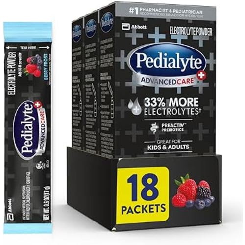 Pedialyte AdvancedCare Plus Electrolyte Powder, Has 33% More Electrolytes and PreActiv Prebiotics, Berry Frost, 18 Powder Packets