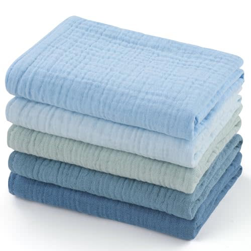 MUKIN Baby Washcloths,Muslin Burp Cloths Towels for Newborns,Absorbent Cotton Bath Face Towel ,5 Pack, 12x12 Inches (Glacier Mist)