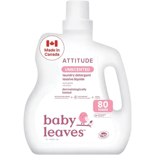 ATTITUDE Baby Laundry Detergent Liquid, Made in Canada, EWG Verified, Safe for Baby Clothes, Infant and Newborn, Vegan and Naturally Derived Washing Soap, HE Compatible, Unscented, 80 Loads, 2 Liters