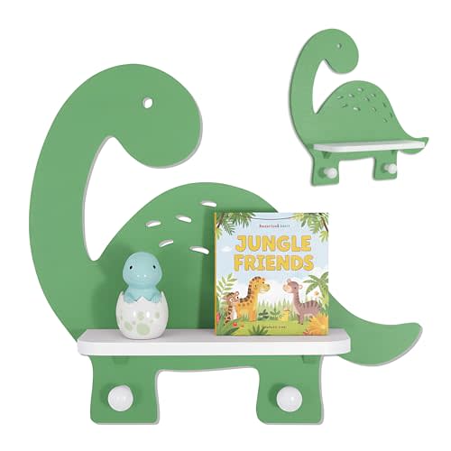 Dinosaur Wall Shelf for Kids – Dino Wall Decor for Boys & Girls Nursery, Toy Trinket Display with Hooks, 3 Playful Dinosaur Designs