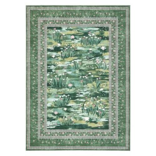 COZONY 5'x7' Floral Washable Area Rug, Non Slip Low Pile Farmhouse Carpet for Living Room Bedroom Dining Room, Ultra Thin Stain Resistant Rug, Green