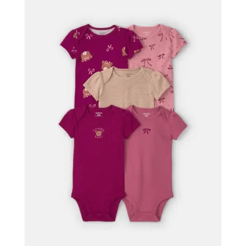 Baby Girl 5-Pack Teddy Bear Short-Sleeve Multipack Bodysuits - Pink/Purple | Carter's