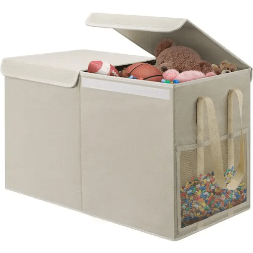 Large Toy Box for Boys Girls Toy Chest Kids Toy Storage Organizer Collapsible Toy Storage Bin Basket with Two Mesh Pockets for Nursery Playroom Bedroom Living Room Organization