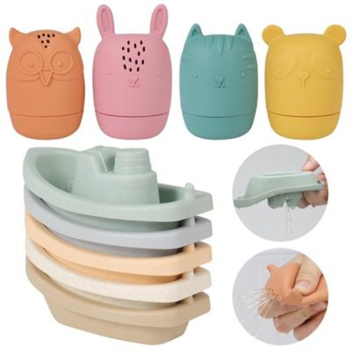 Etokfoks 9 pcs Baby Bath Toys Floating Boats with Soft Silicone Animal Squirters Mold Free Easy Clean Water Table Toy for Toddlers