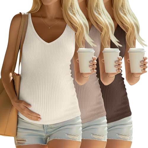 3 Pack Women's Maternity Tank Tops 92% Cotton Ribbed Knit Summer Pregnancy Shirts Sleeveless V Neck Basic Clothes