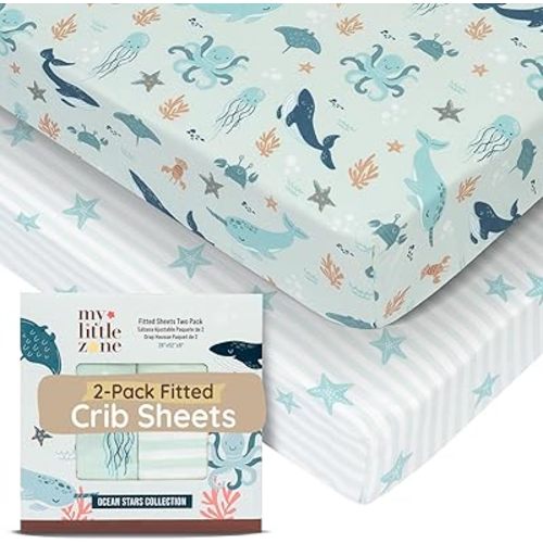 Ocean Crib Sheets for Boys & Girls Toddler Bed Sheets Cotton Fitted Crib Sheet Nautical Sets 28"x52", 8" Deep Pocket, Baby Mattress Sheet 2Pack 100% Cotton, Designed in France, Ocean Stars, Teal White