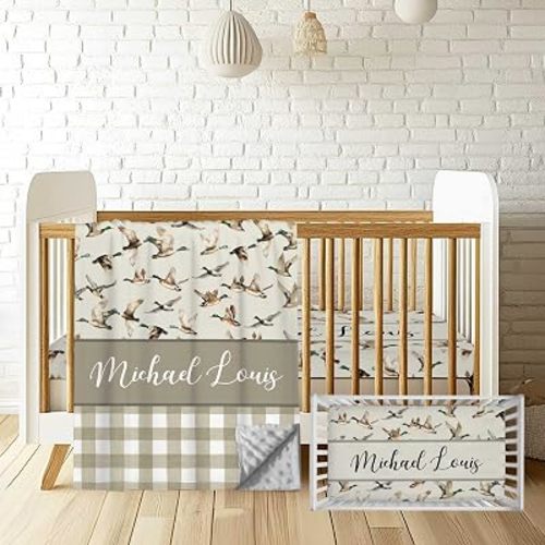 Personalized Baby Boy Crib Bedding Set with Name – Custom Minky Blanket and Fitted Crib Sheet Set, Wild Duck Nursery Decor Bedding for Newborns and Toddlers
