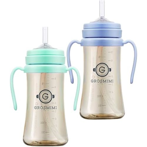 GROSMIMI Spill Proof Magic Sippy Cup with Straw with Handle for Baby and Toddlers, PPSU, BPA Free 10 oz. 2-pack (Aqua Green & Sky Blue)