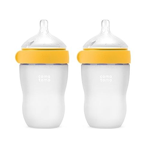 Comotomo Silicone Baby Bottle Gen 2 – 2026 Release (8oz) – Soft, Wide-Neck Bottle for Comfortable Feeding with Dual Anti Colic Vents (Includes Medium Flow Nipples), Yellow (Double Pack)