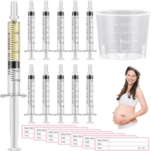 Trelaco Colostrum Collector Kit Include Sterile Sealed Breast Milk Syringes with Caps No Needle Colostrum Syringes Stickers 1 Measuring Cup Harvesting Collection for Breastmilk(50 Sets,3 ml)