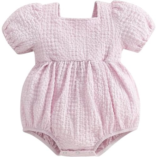 WZTYYDS Baby Girl Summer Clothes Newborn Smocked Bubble Romper Solid Puff Short Sleeve Bodysuit Cute 3 6 9 12 Months Outift