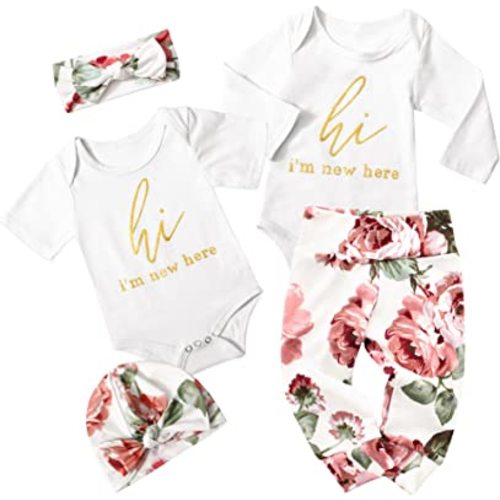 KANGKANG Newborn Baby Girl Clothes Letter Print Short+Long Sleeve Romper+Hat+Headband+Floral Pants Infant Girl Clothes 5PCS