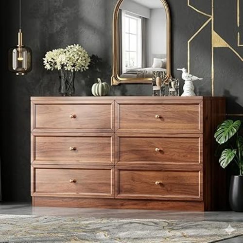 Walnut Dresser for Bedroom, 6 Drawer Wood Chest of Drawers, Drawer Organizer for TV Stand, 47inch Modern Wooden Bedroom Furniture Set for Closet, Living Room, Nursery
