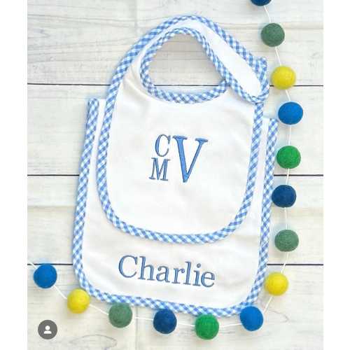 Monogrammed Baby Bib and Burp Cloth Set: Gingham Trim, Custom Embroidery