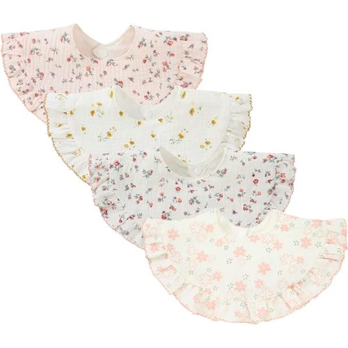 Nishine 4 pcs Unisex Baby Muslin Bandana Drool Bibs 360 Degree Rotatable Cotton Teething Feeding Drooling Bibs for Boy Girl