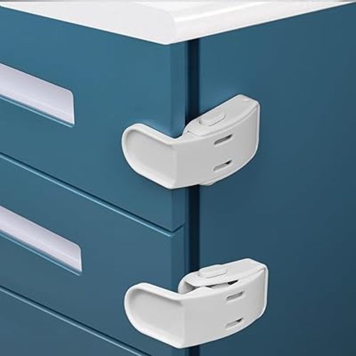 4 Pack Drawer Locks Baby Proofing, Maveek Child Proof Cabinet Locks For 0-12 Month Baby Safety Botton Lock For Drawers Side Furniture Latches Corner Edges (White)
