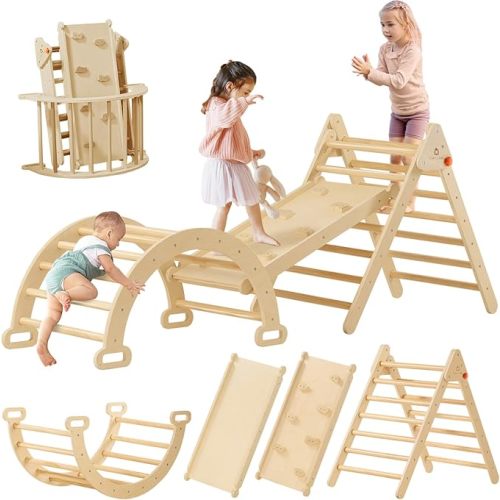 Tiny Land Pikler Triangle Set, 7-in-1 Foldable Pikler Triangle Climbing Toys Set for Kids,Baby Indoor Playground Jungle Gym, Wooden Montessori Climbing Set for Toddler (Natural)