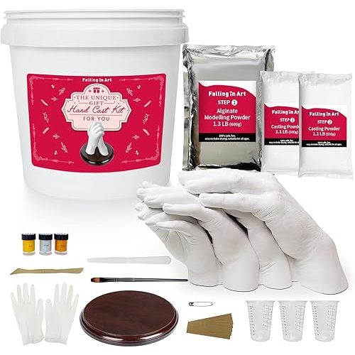 Falling in Art Hand Casting Kit Couples - Keepsake Plaster Hand Mold Kit for Family, Kids, Adults with Large Bucket, Gloves, Powder Materials, Color Paints, Wooden Base