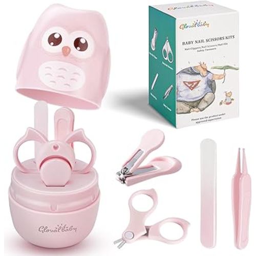 Baby Nail Kit, Baby Manicure Kit and Pedicure with Cute Owl Shape Case. Baby Nail Clipper, Scissor, Nail File & Tweezer for Newborn, Infant & Toddler, Mothers Day(Pink)