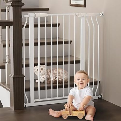 ELEVON Baby Gate for Stairs Doorways, Safety Pet Gate with Auto-Close/Hold-Open Features, Fits Openings 29.1” to 38.5”, 36” Tall, Easy Pressure Mounted Walk Through Baby Dog Gate, White
